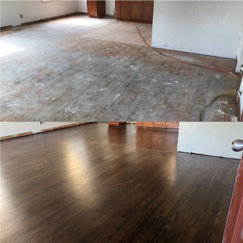 before and after Refinished hardwood floors gleaming in a sunlit living room