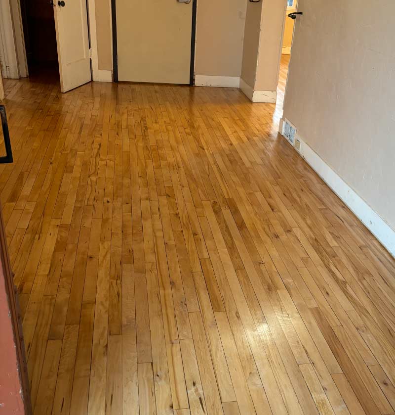 A vintage hardwood floor refinishing in los lagos, granite bay sacramento california, showcasing the dramatic difference between the aged amber finish and the newly sanded raw wood.